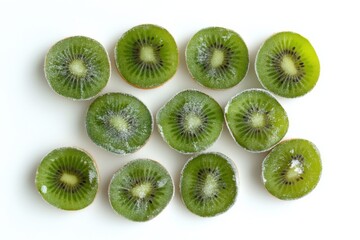 Fototapeta premium Frozen kiwi slices arranged beautifully against a clean white backdrop, highlighting their vibrant green color and delightful texture