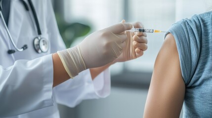 A close-up of a medical professional’s hands administering a vaccine with a clear background, Minimalist style, photo of