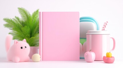 Cute and colorful stationery setup with plush cat and plant. Generative AI