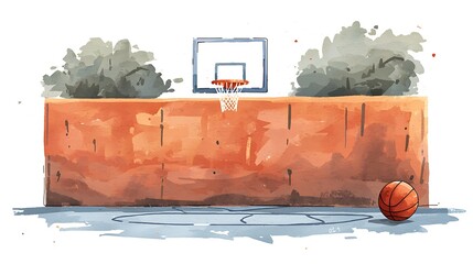 Watercolor Painting of a Basketball Court with a Backboard and Basketball.