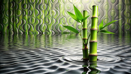 Elegant bamboo shoots reflect in tranquil water, surrounded by serene backdrop
