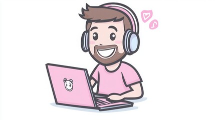Happy cartoon man with headphones works on pink laptop.  Positive vibes and pastel colors.