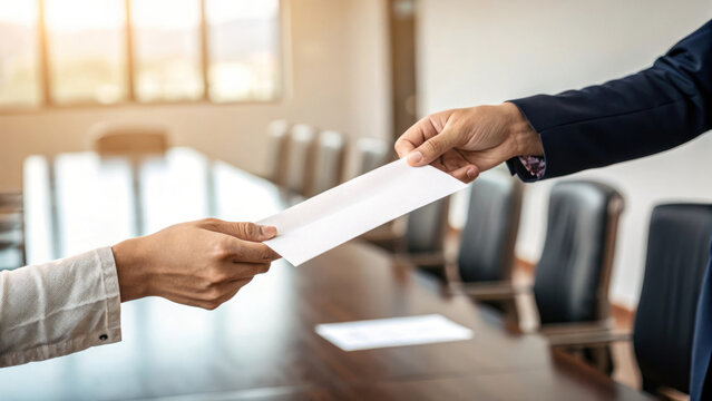 hands exchanging blank document in modern office setting, conveying professionalism and trust