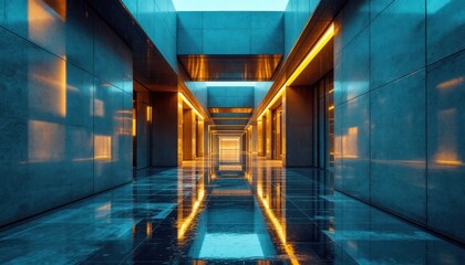 Modern hallway with reflective floor and warm lighting in architectural space
