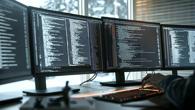 Software Tester Debugging Code in Tech Office with Multiple Monitors