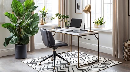 Modern Home Office Workspace With Plants and Stylish Decor