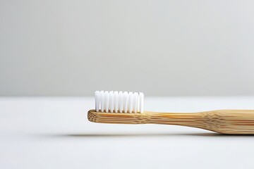 Natural bamboo toothbrush on minimalist surface, highlighting ec