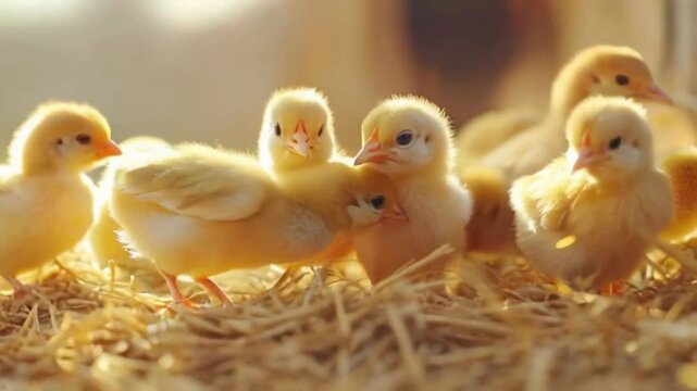 In a tranquil farm setting, adorable baby chicks gather on fresh straw, basking in the golden sunlight. Their playful interactions create a heartwarming atmosphere of innocence and joy
