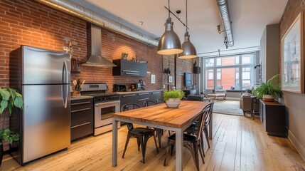 a stylish loft-style kitchen with exposed brick walls, industrial lighting, a wooden dining table, and stainless steel appliances. 