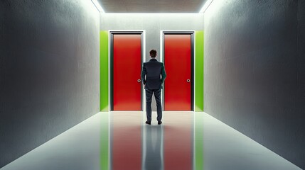 Obraz premium person stands at crossroads, facing two vibrant doors in futuris