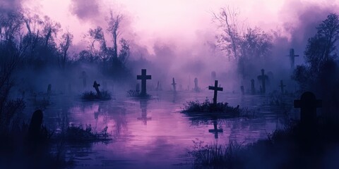 Flooded Graveyard Underneath a Purple Sky