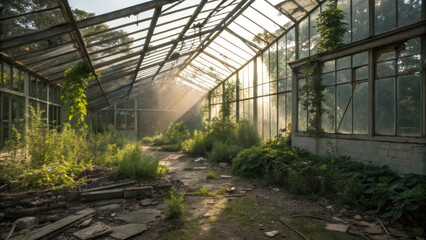 Abandoned greenhouse with shattered glass and overgrown plants, sunlight streaming in, creating serene atmosphere