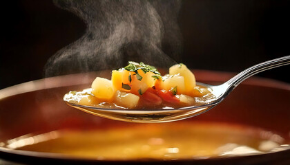 Close-up of a steaming spoonful of hearty vegetable soup.  Rich colors and textures highlight the fresh ingredients. Perfect for food blogs, restaurant menus, or culinary websites.