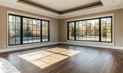 Obraz premium Empty bedroom with hardwood flooring and black windows Long Shot