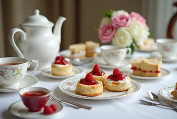 Elegant afternoon tea with pastries and floral arrangement at a cozy setting