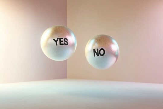 Two floating spheres present contrasting choices, embodying deci