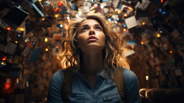 Overwhelming information data explode out of head of young human brain, too much media, too much information, maximalism, news, social media addiction. 