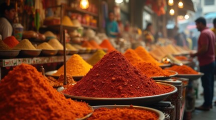 Vibrant spice market teeming with colors and aromas in a bustling location