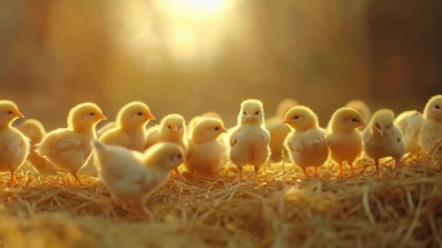 Fluffy baby chicks wander playfully through straw in a tranquil farmyard, illuminated by soft golden sunlight, creating a peaceful ambiance typical of springtime on a farm