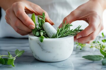Hands delicately crushing fresh herbs in marble mortar, showcasi