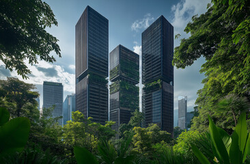 Fototapeta premium High-angle view of green trees and a blue glass skyscraper building with a clear sky background in the city, conveying concepts of the environment, ecology, endless forest, and energy. 
