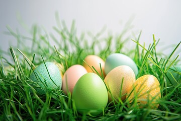 Fototapeta premium Colorful eggs nestled in lush green grass create vibrant spring