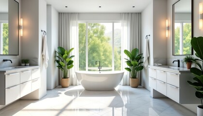 Fototapeta premium Modern white bathroom with freestanding tub, large window. Rich green plants outside window creates relaxing spa-like ambiance. Minimalist design, natural light make room feel airy, inviting. Clean