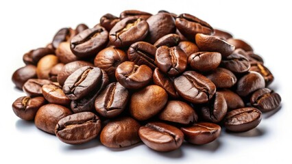 Fototapeta premium Richly roasted coffee beans, sharply detailed, isolated on pure white, showcasing high-resolution product photography.