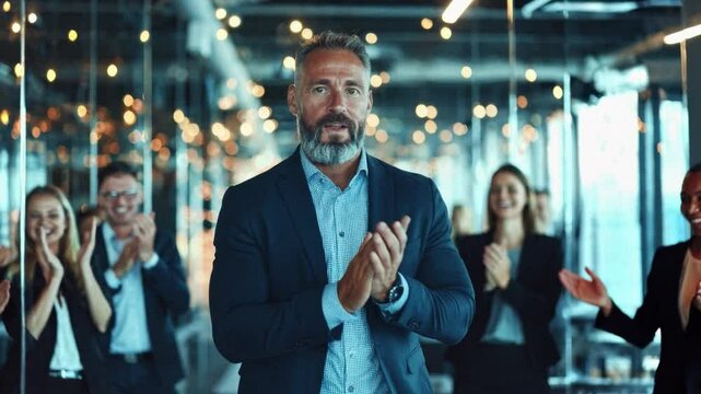 A business leader stands confidently in a stylish office while team members applaud in appreciation.