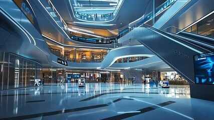 Modern shopping mall interior showcasing escalators, shops, and digital displays under a skylight