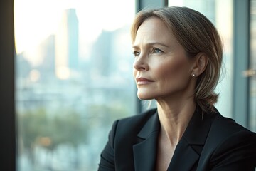 Contemplative businesswoman gazes out window, reflecting on futu