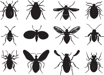 A set of insects silhouettes for flat design. Hand drawn vector illustration