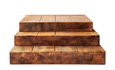 Wooden podium with three rustic steps, isolated on transparent cutout background