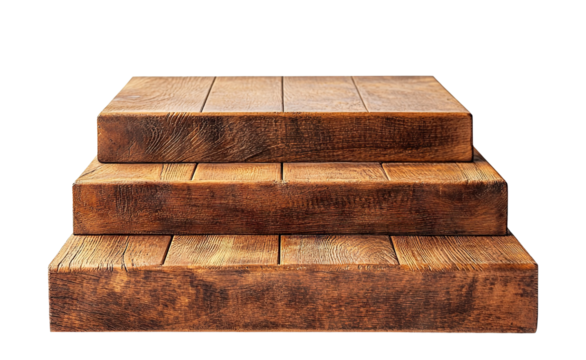 Wooden podium with three rustic steps, isolated on transparent cutout background