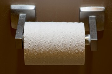 White roll of toilet paper in holder in public restroom