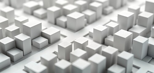 Obraz premium Abstract city model. Monochrome view of white cubes. Intricate structure. Geometric shapes. Modern design. Detailed texture. Close-up. Visual effect. Three-dimensional. City landscape. Urban.