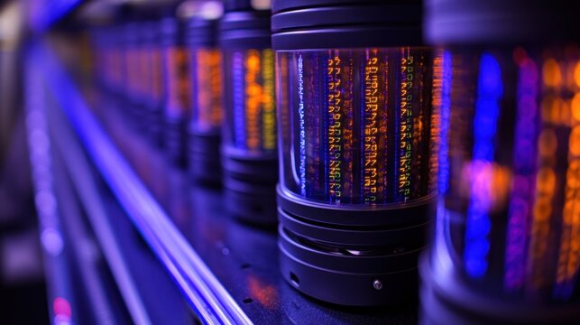 Data center server rack, glowing code, night