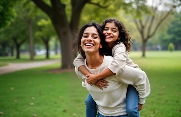 Fototapeta premium Happy Indian mother and daughter enjoy piggyback ride in park. Mother and child laugh, bonding moment. Outdoor fun, beautiful family photo. Summer day. Joyful family moment.