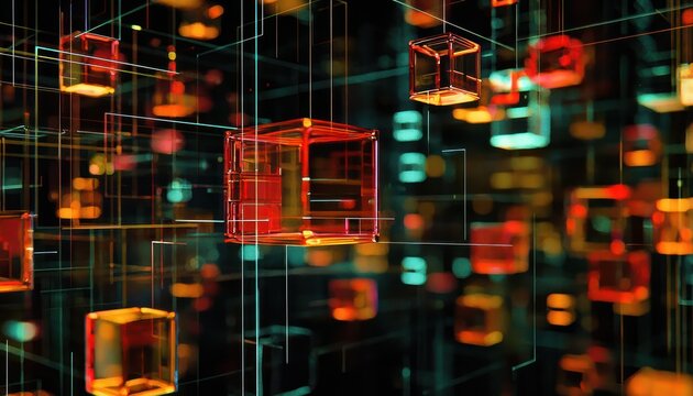 Abstract digital grid with floating cubes, symbolizing diversified investments in contemporary financial modeling.