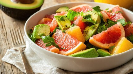 Fresh salad featuring vibrant fruits and greens in rustic bowl,