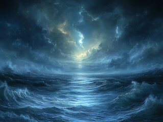 Naklejka premium Dramatic seascape at night. Ethereal, swirling clouds part to reveal a celestial glow over a turbulent ocean.