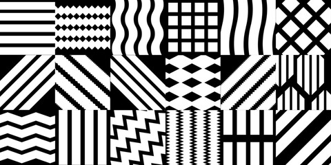 Seamless doodle abstract horisontal pattern: stripes of squares in black and white colours. Hand drawn style colorful vector illustration for banners, wallpaper, textile, wrapping