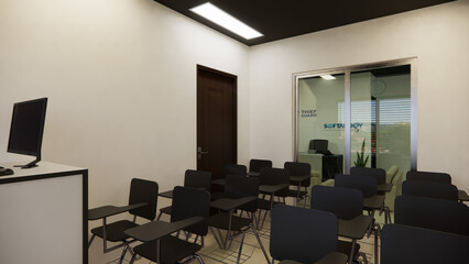 Modern and functional office interior design, expertly rendered in 3D. This visualization showcases a productive and stylish workspace, featuring sleek white desks with ergonomic chairs, ample natural