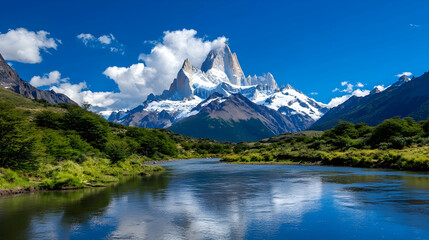 Obraz premium Majestic Andean Peak Reflected in a Calm Patagonian River