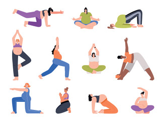 Expectant parents practice yoga together. Happy couple does stretching exercises, husband helps pregnant wife, child waiting, vector set