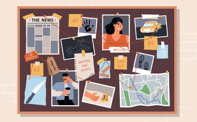 Evidence board. Private detective is investigating case, police tools, inspector workplace, pinned suspect photos, vector illustration