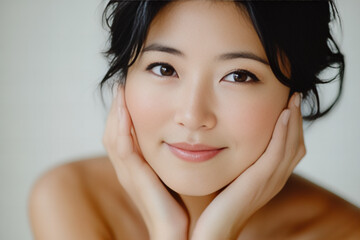 Close-up portrait of an Asian woman with radiant skin, natural makeup, and a confident smile, perfect for beauty, skincare, wellness, and professional concepts