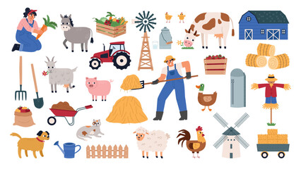 Farmers with animals. Agricultural industry, domestic fauna, hay, tools, tractor and outbuildings, donkey, piglet, cow and goat, vector set