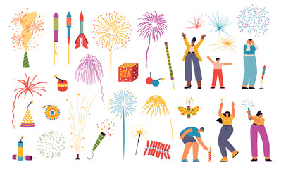 Festive firecrackers and fireworks. Happy people celebrating Independence Day, fire explosions, cartoon funny boy firings rocket, vector set