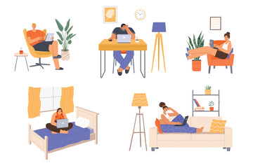 Freelancers at work. Young boys and girls sitting with laptops, free remote work schedule, home environment, professionals, vector set